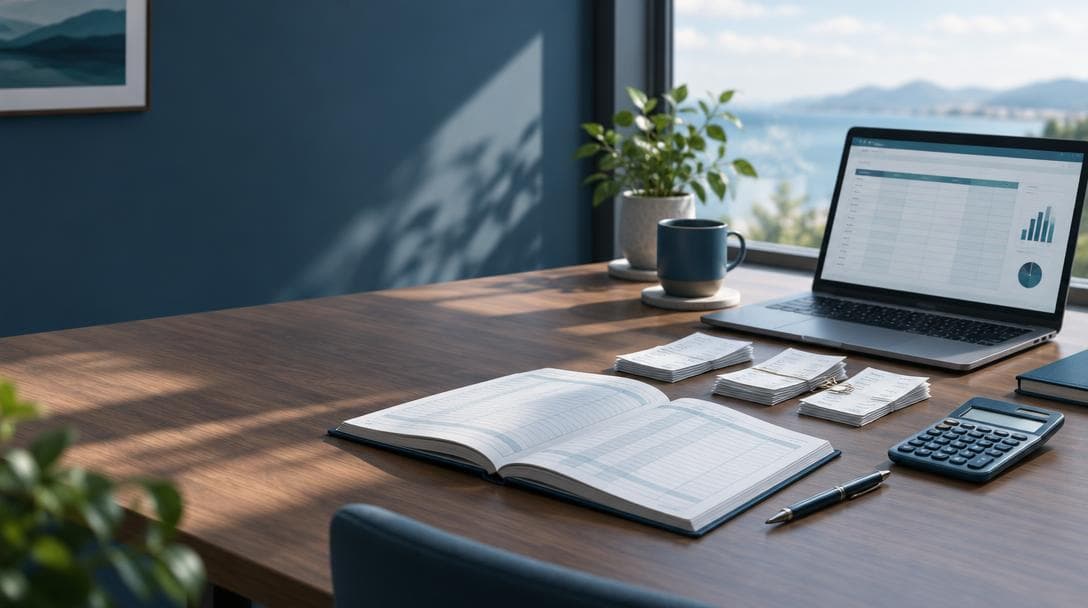 Bookkeeping workspace with an open ledger, laptop showing financial charts, and calculator